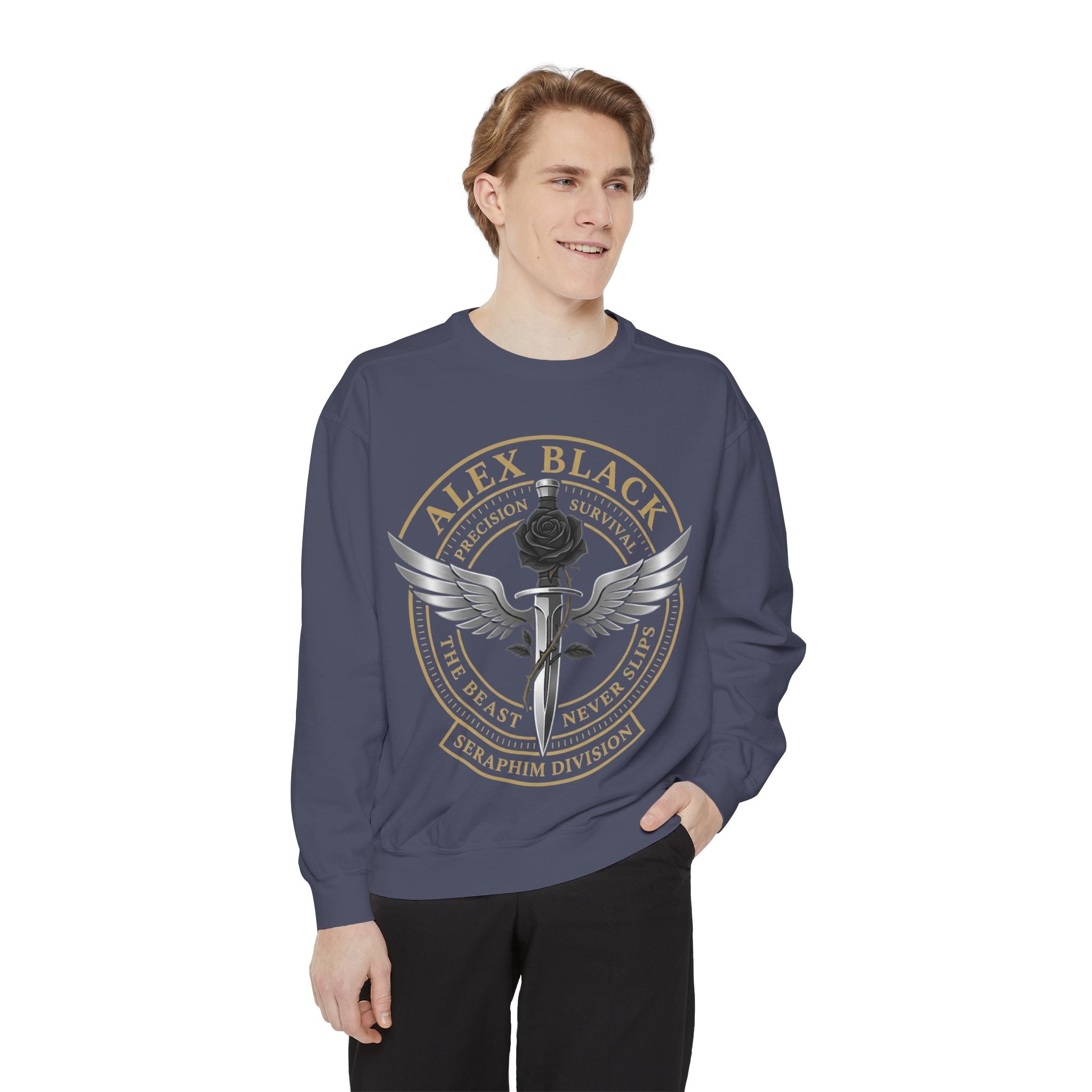 Alex Black Seraphim Division Sweatshirt — Winged Rose Emblem Crewneck