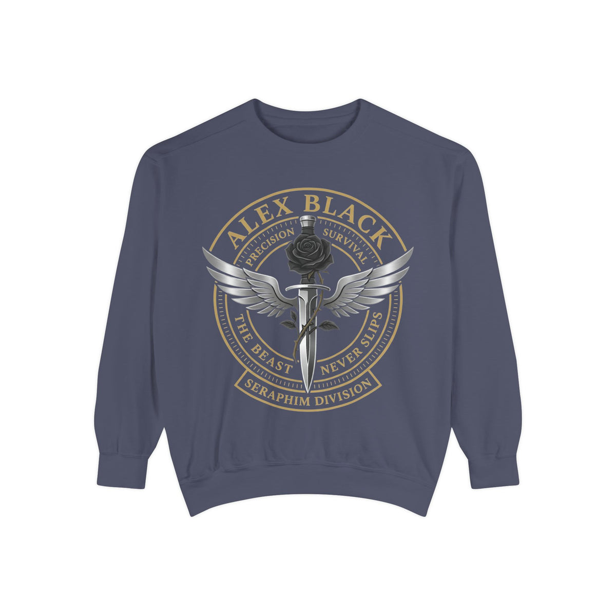 Alex Black Seraphim Division Sweatshirt — Winged Rose Emblem Crewneck