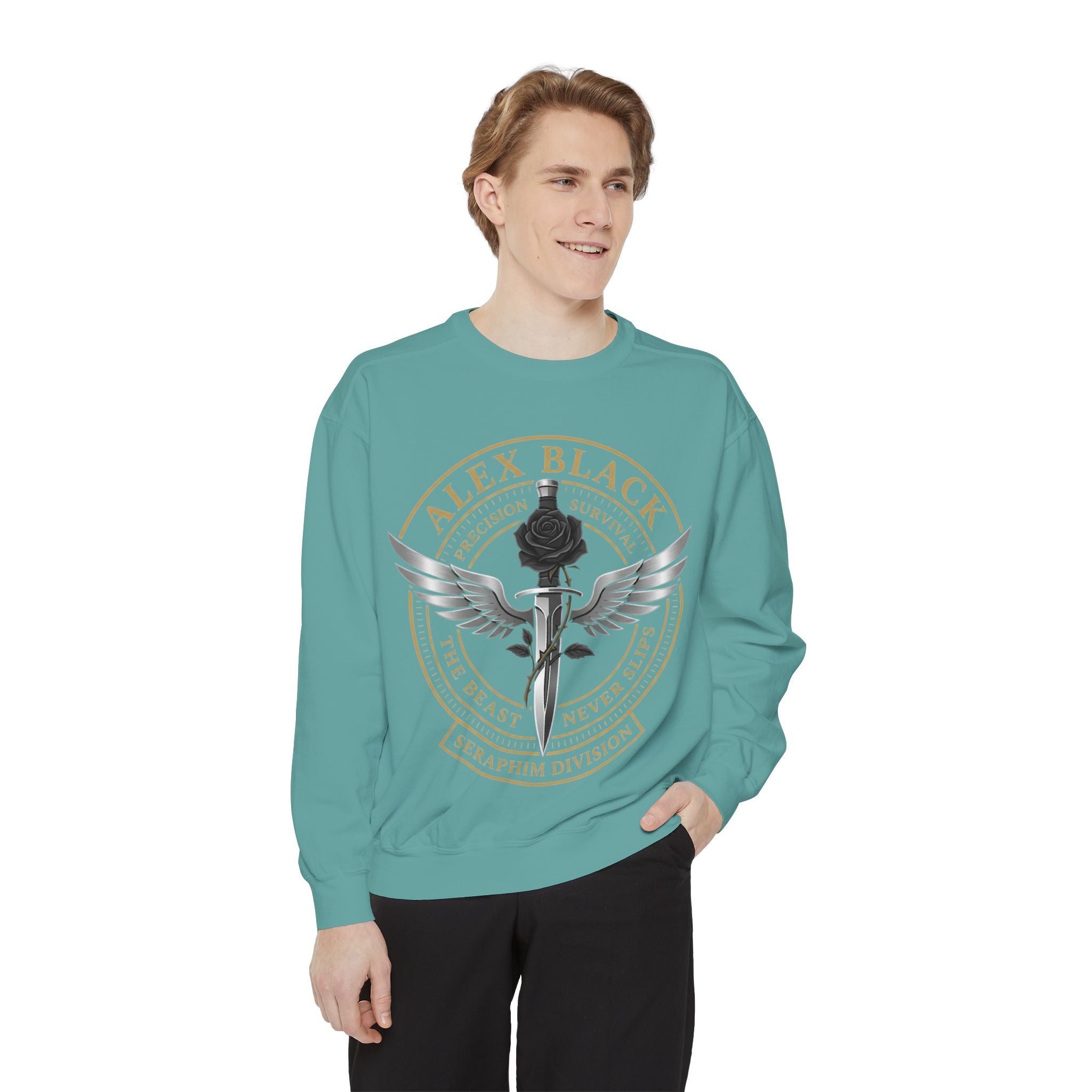 Alex Black Seraphim Division Sweatshirt — Winged Rose Emblem Crewneck