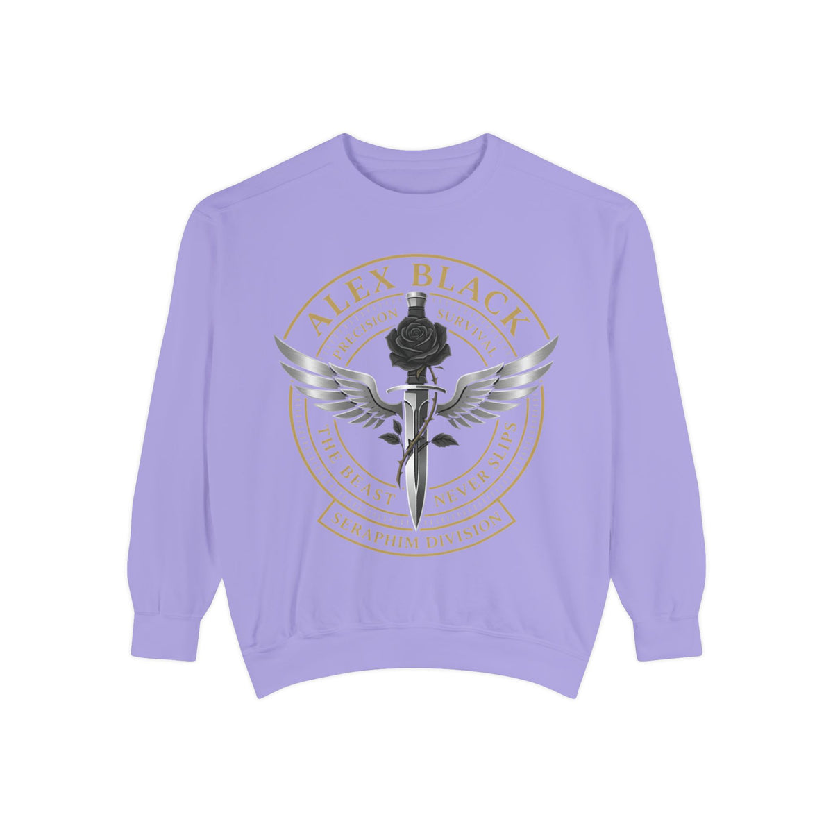 Alex Black Seraphim Division Sweatshirt — Winged Rose Emblem Crewneck