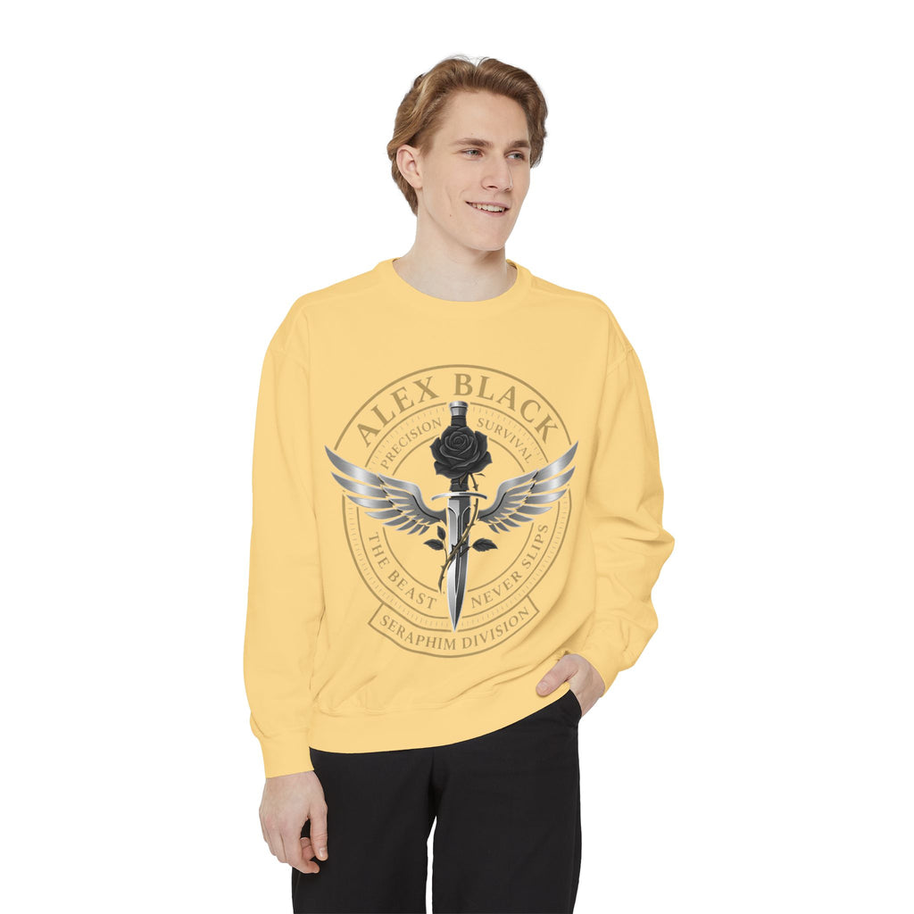 Alex Black Seraphim Division Sweatshirt — Winged Rose Emblem Crewneck
