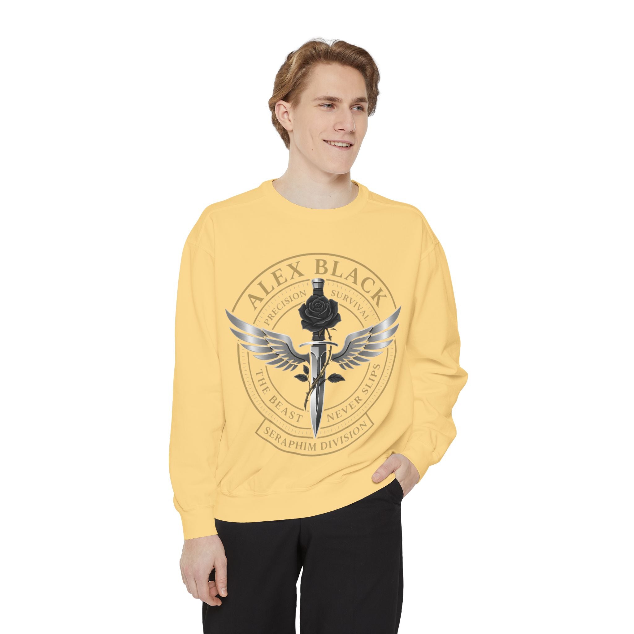 Alex Black Seraphim Division Sweatshirt — Winged Rose Emblem Crewneck