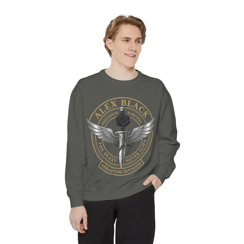Alex Black Seraphim Division Sweatshirt — Winged Rose Emblem Crewneck