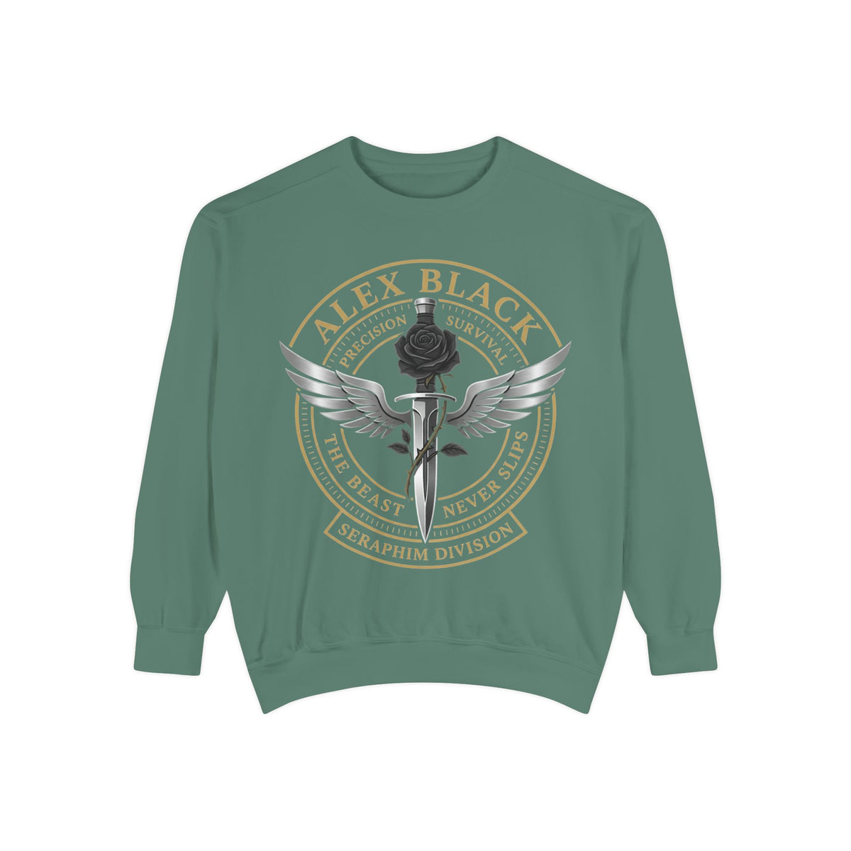 Alex Black Seraphim Division Sweatshirt — Winged Rose Emblem Crewneck