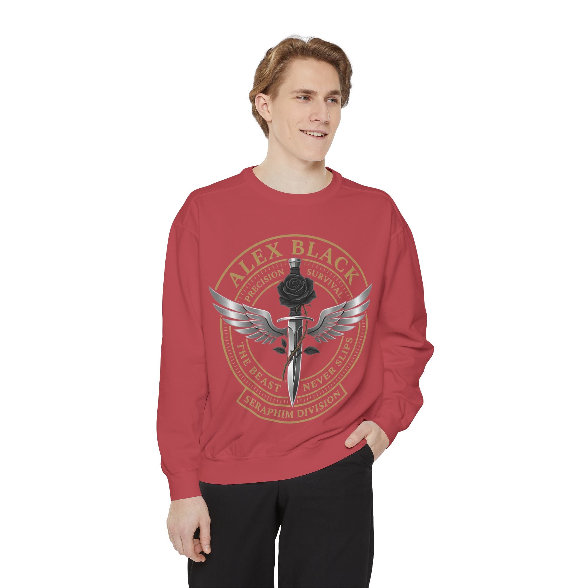 Alex Black Seraphim Division Sweatshirt — Winged Rose Emblem Crewneck