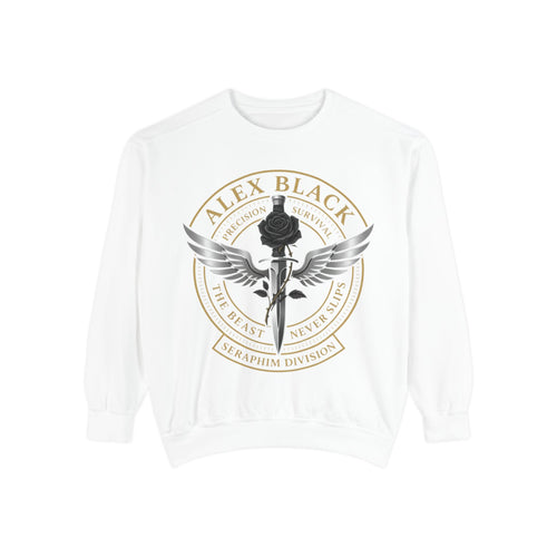 Alex Black Seraphim Division Sweatshirt — Winged Rose Emblem Crewneck