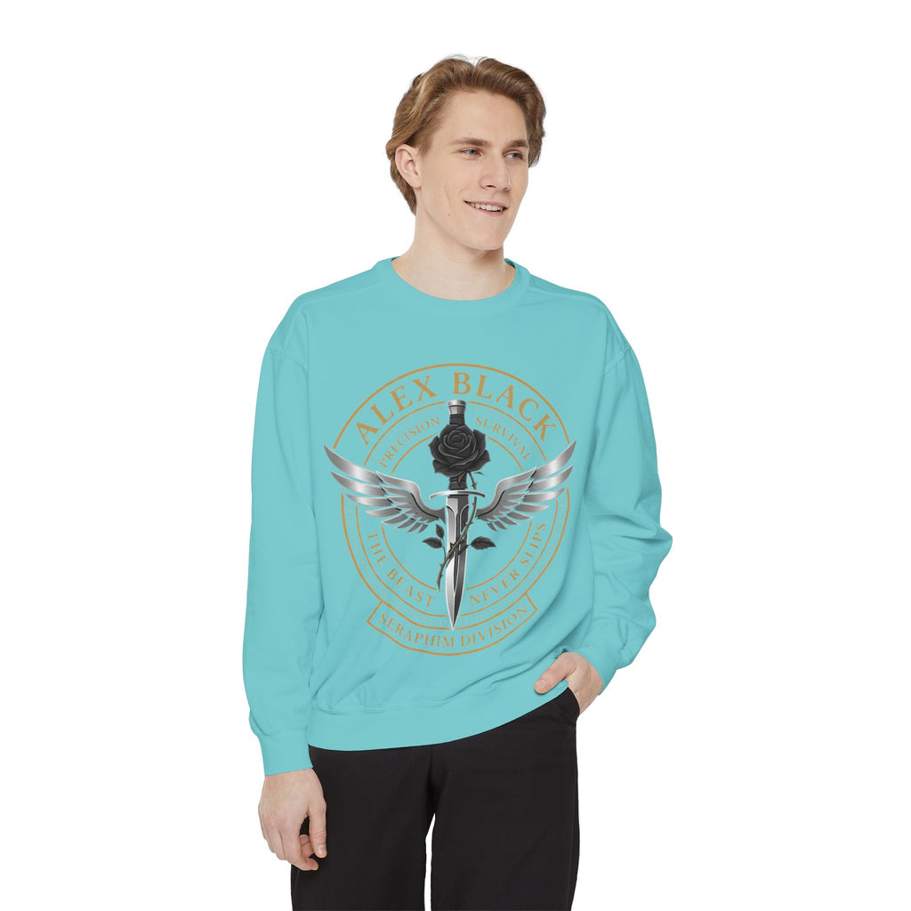 Alex Black Seraphim Division Sweatshirt — Winged Rose Emblem Crewneck