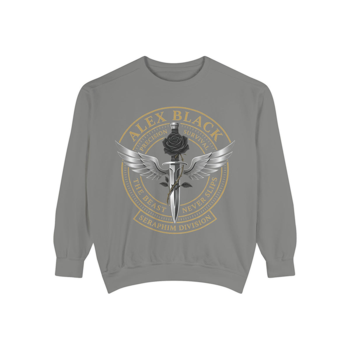 Alex Black Seraphim Division Sweatshirt — Winged Rose Emblem Crewneck