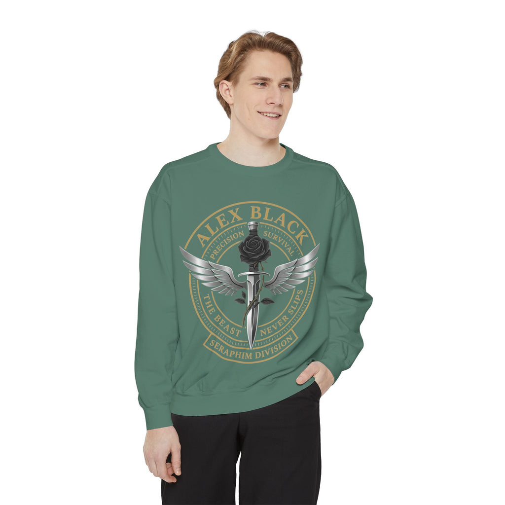 Alex Black Seraphim Division Sweatshirt — Winged Rose Emblem Crewneck