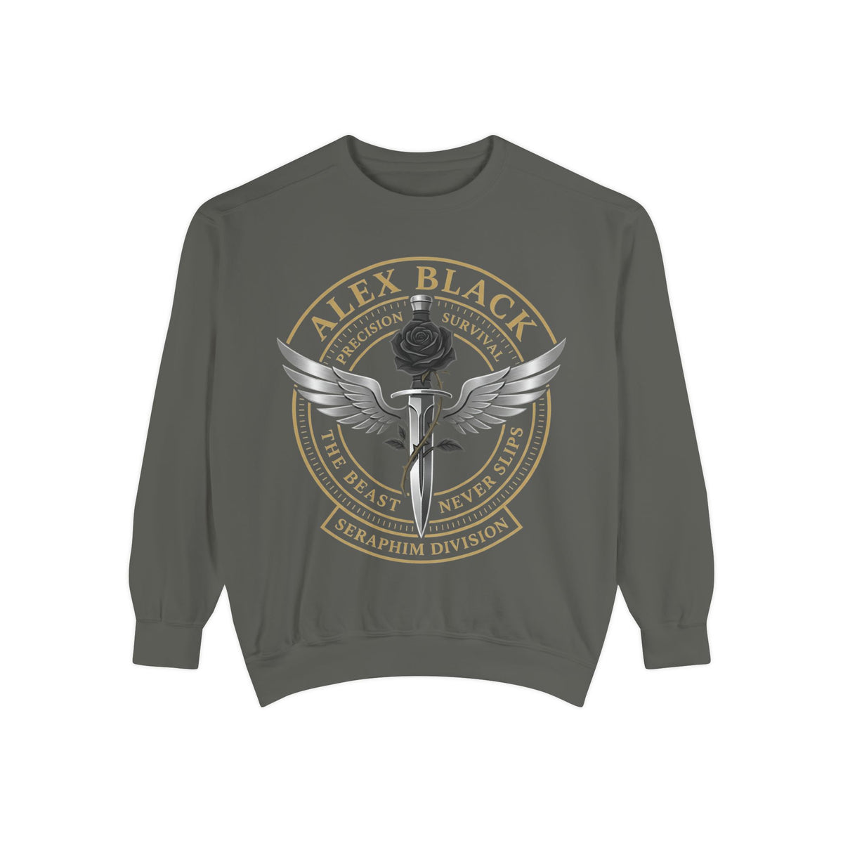 Alex Black Seraphim Division Sweatshirt — Winged Rose Emblem Crewneck