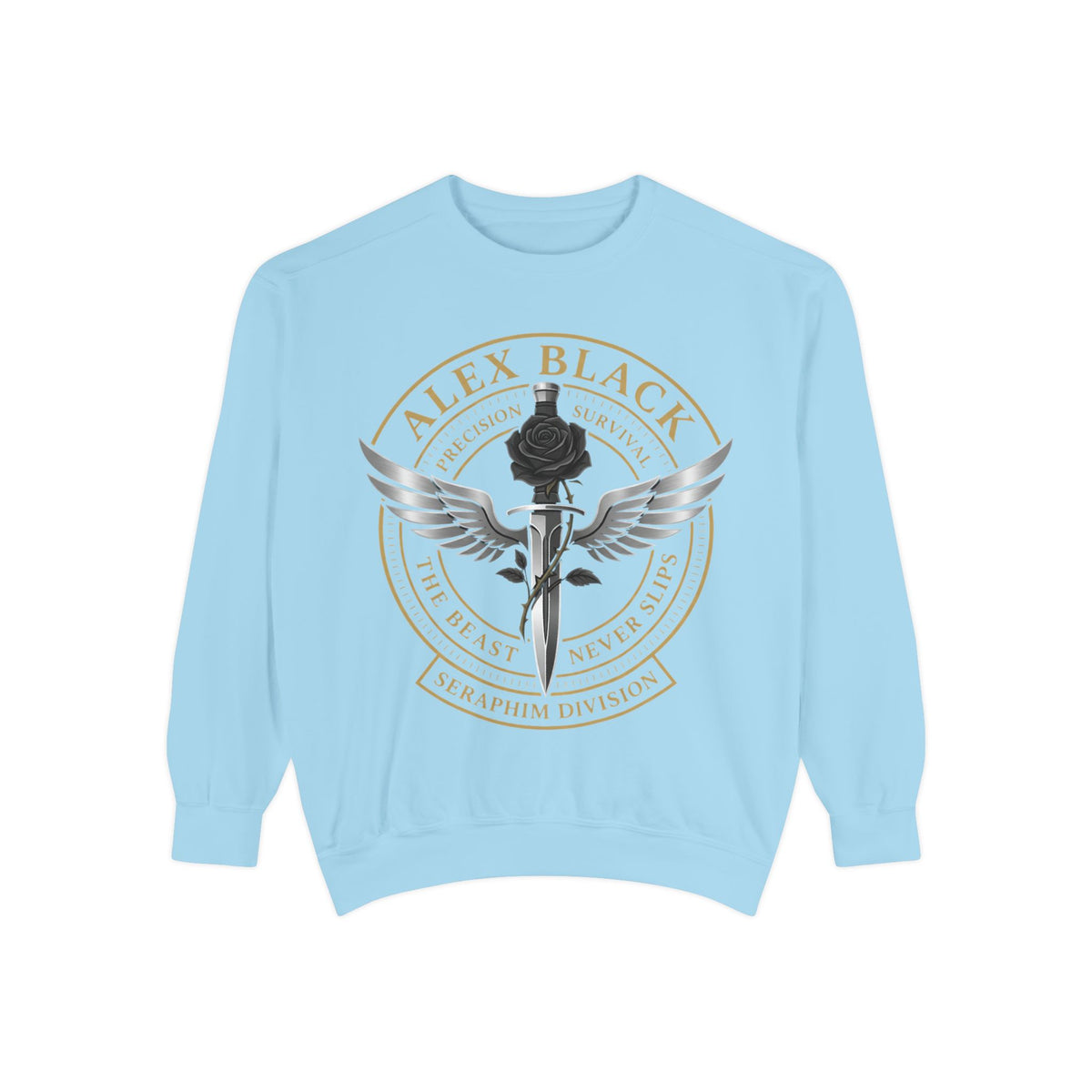 Alex Black Seraphim Division Sweatshirt — Winged Rose Emblem Crewneck