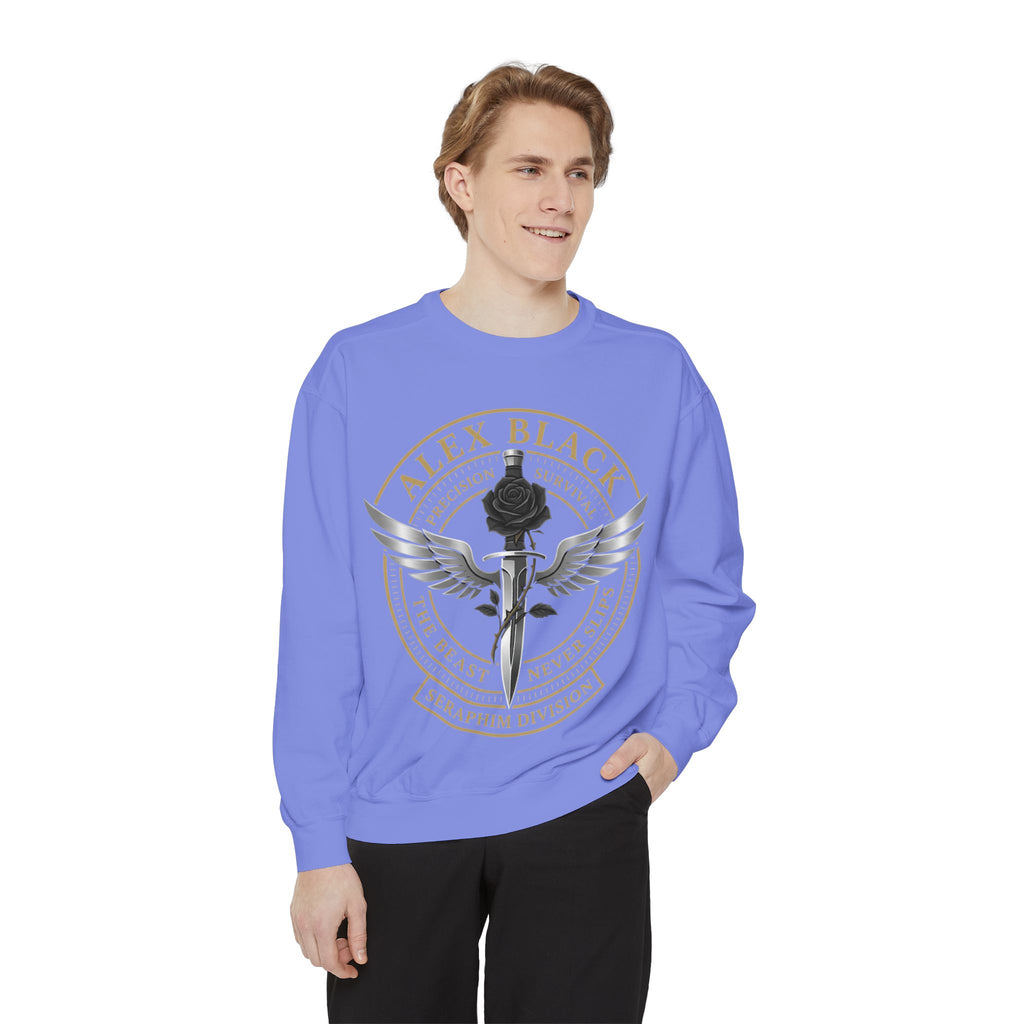 Alex Black Seraphim Division Sweatshirt — Winged Rose Emblem Crewneck