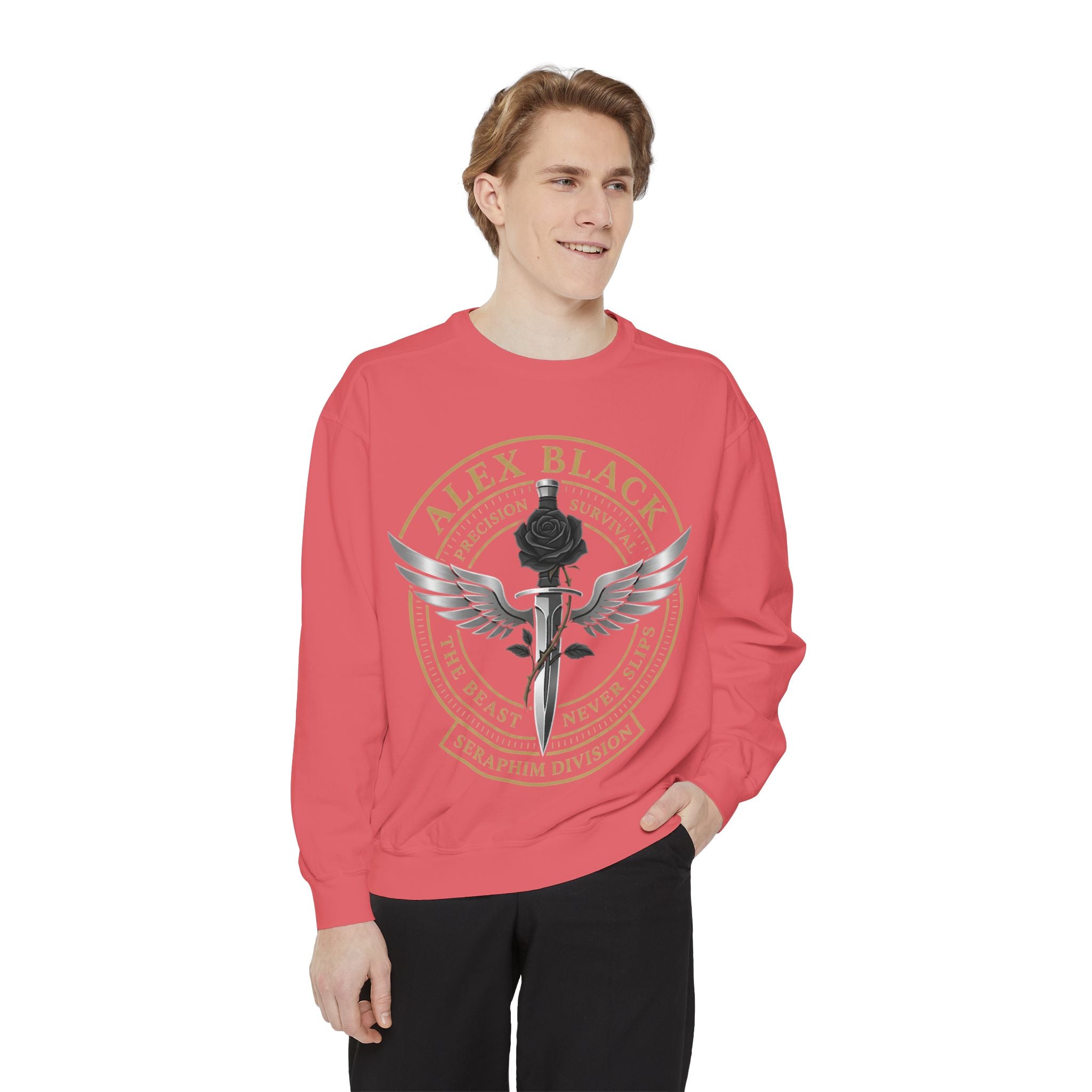 Alex Black Seraphim Division Sweatshirt — Winged Rose Emblem Crewneck
