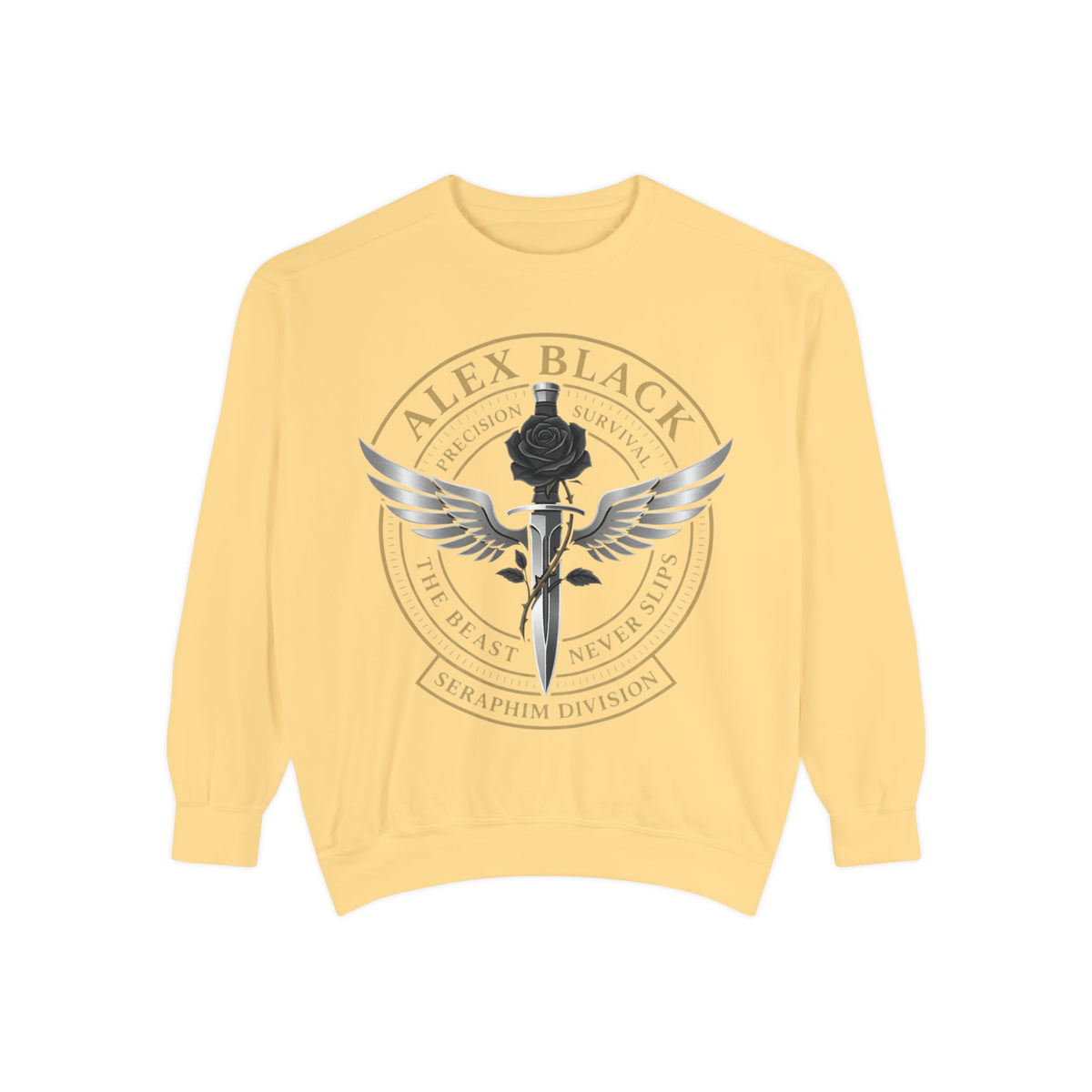 Alex Black Seraphim Division Sweatshirt — Winged Rose Emblem Crewneck
