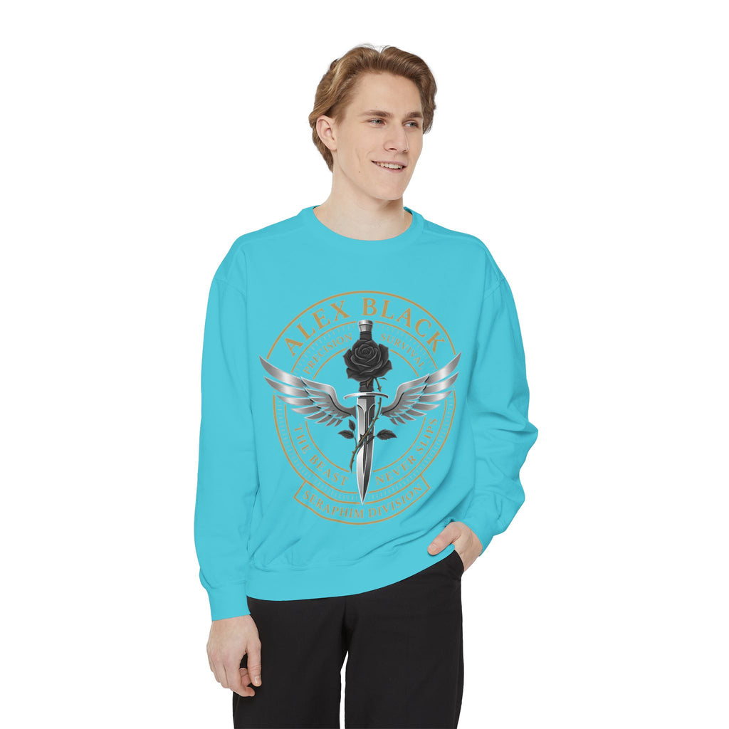 Alex Black Seraphim Division Sweatshirt — Winged Rose Emblem Crewneck