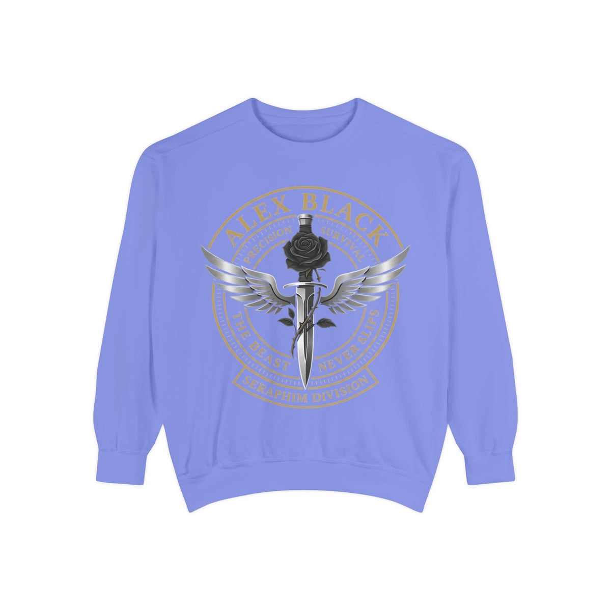 Alex Black Seraphim Division Sweatshirt — Winged Rose Emblem Crewneck