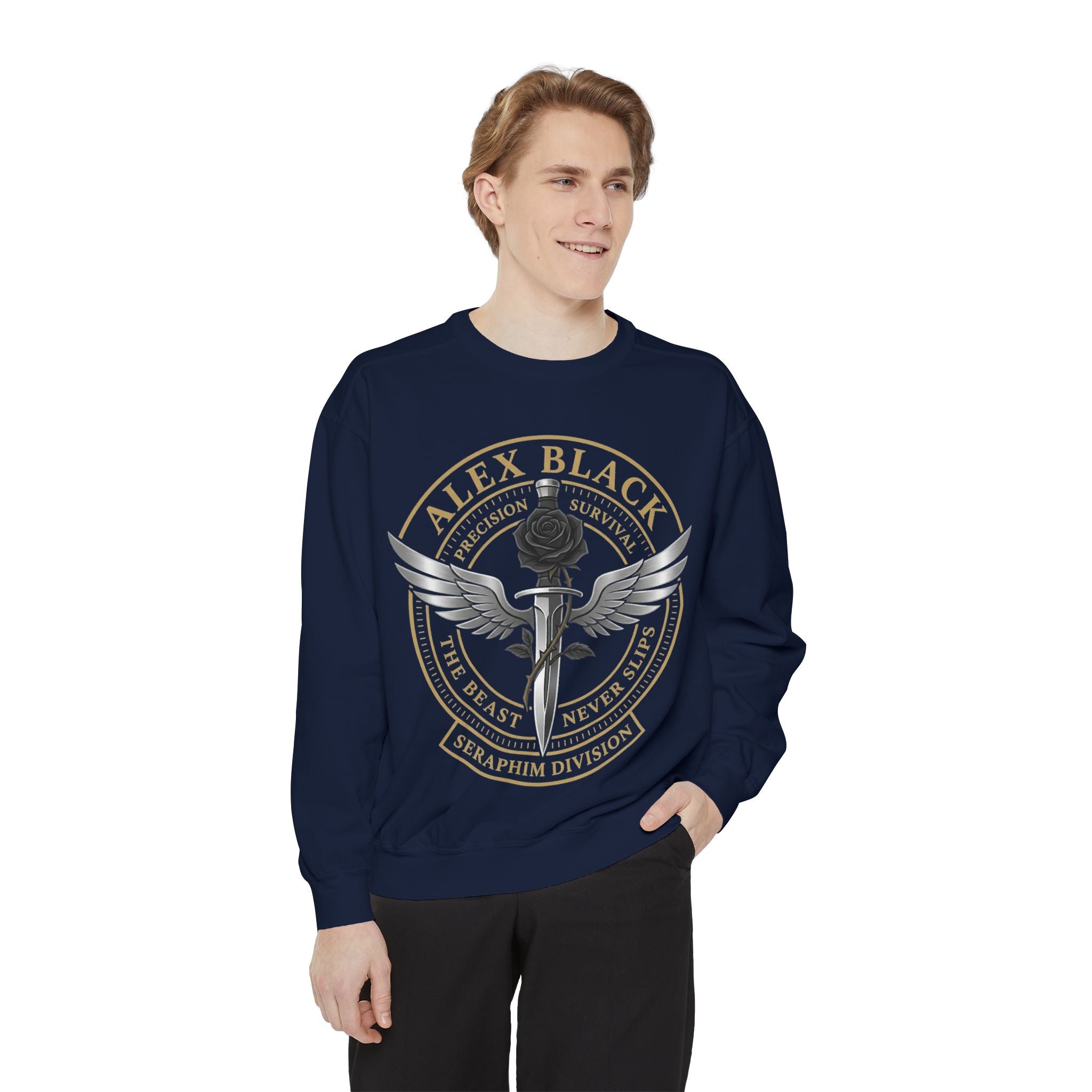 Alex Black Seraphim Division Sweatshirt — Winged Rose Emblem Crewneck