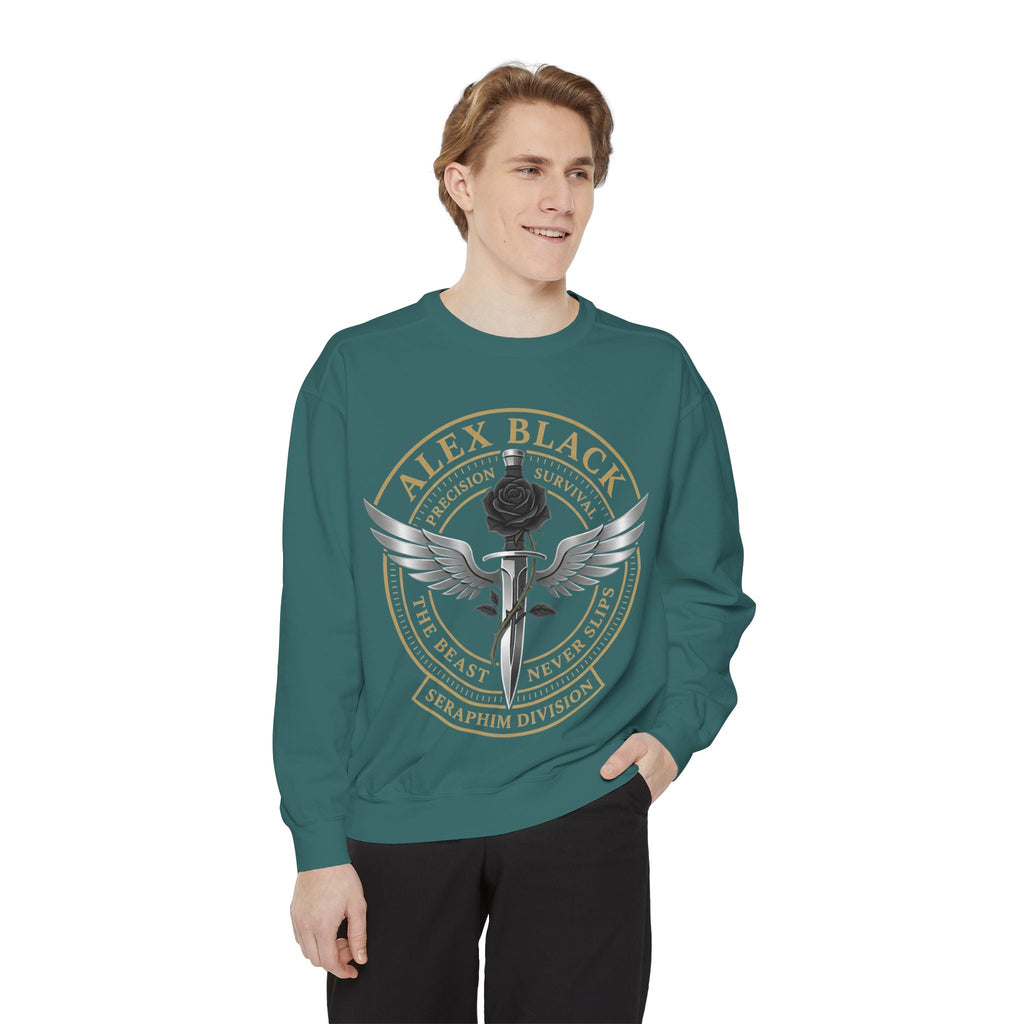 Alex Black Seraphim Division Sweatshirt — Winged Rose Emblem Crewneck