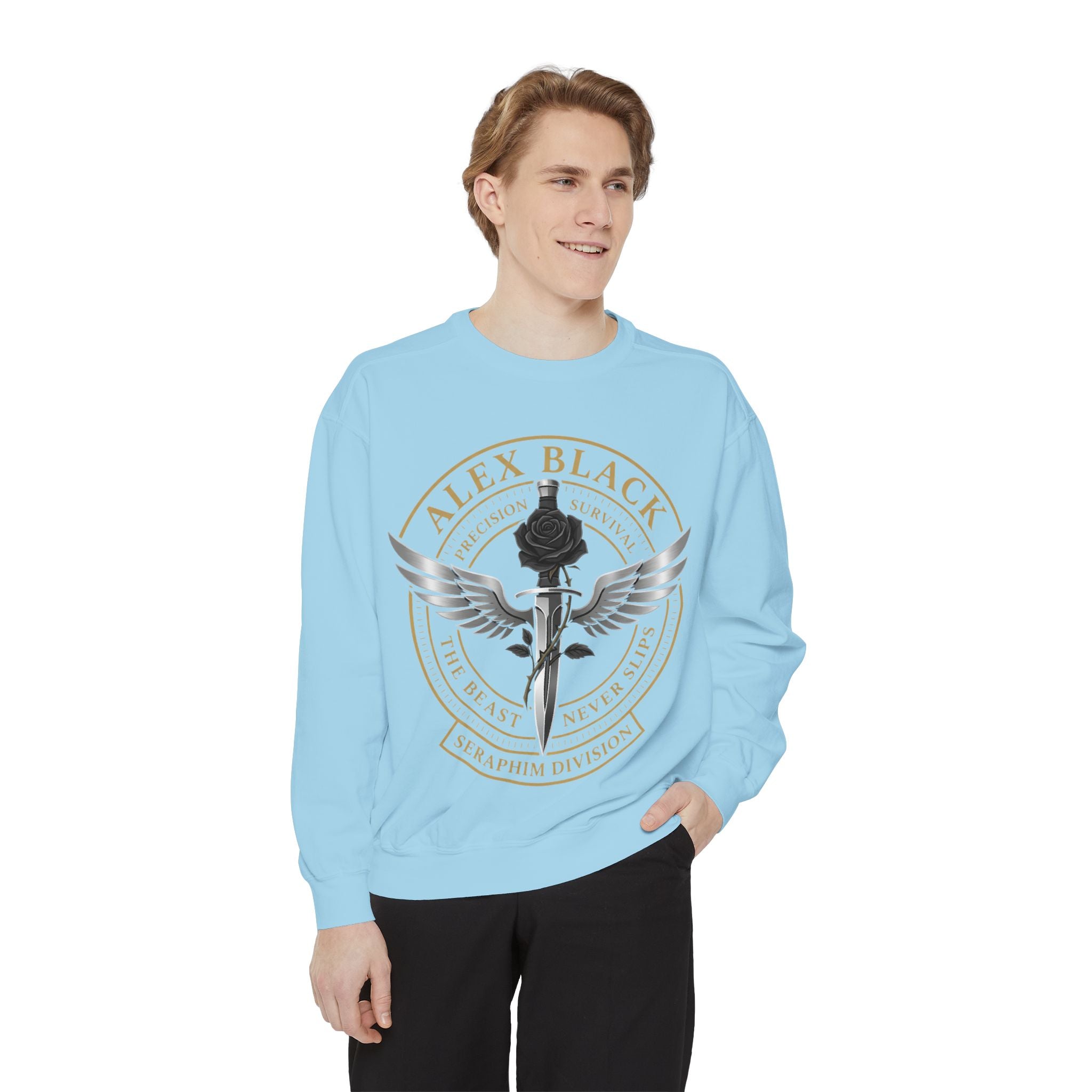 Alex Black Seraphim Division Sweatshirt — Winged Rose Emblem Crewneck