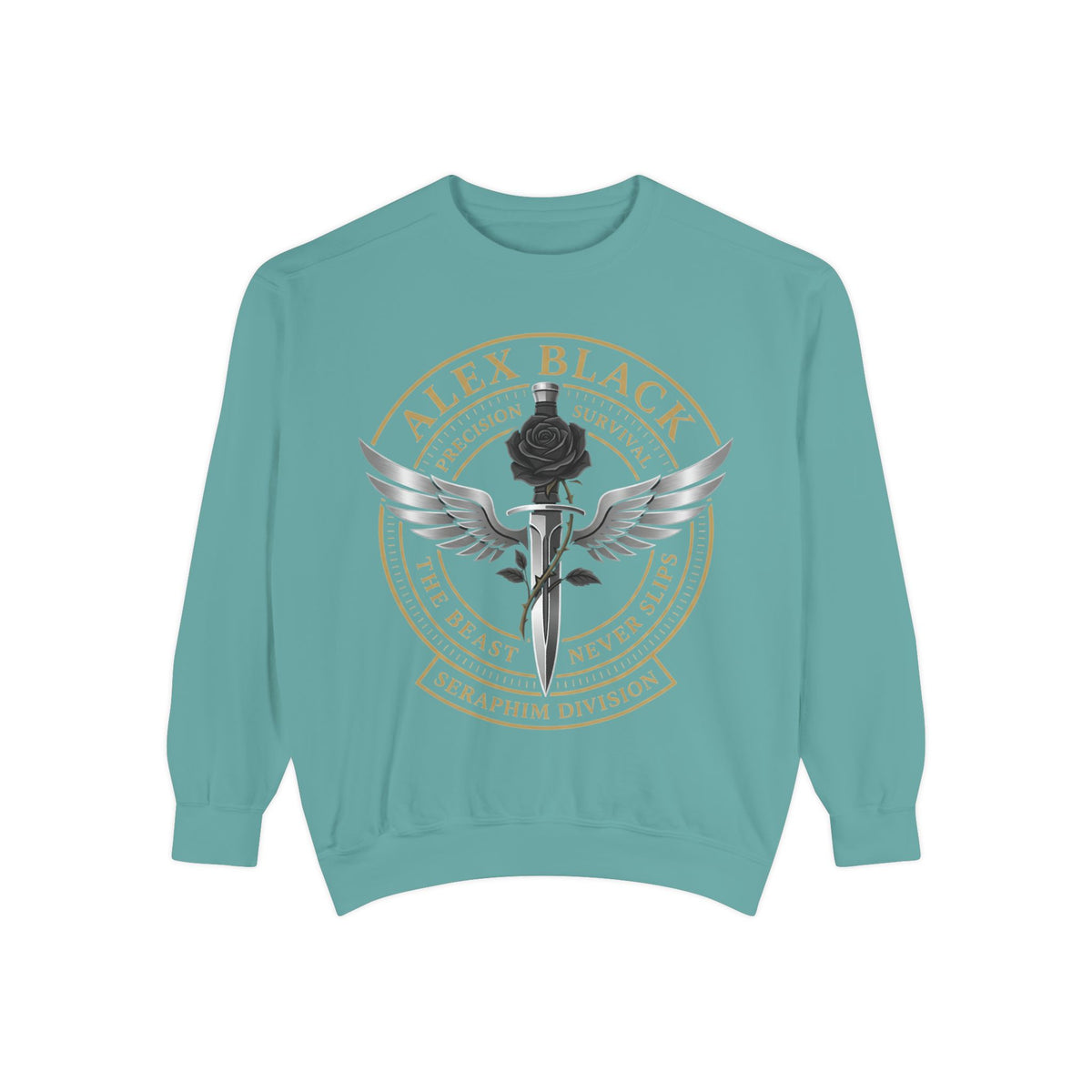 Alex Black Seraphim Division Sweatshirt — Winged Rose Emblem Crewneck
