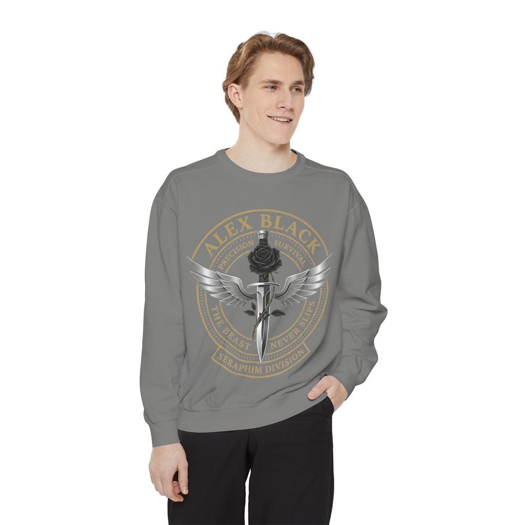 Alex Black Seraphim Division Sweatshirt — Winged Rose Emblem Crewneck