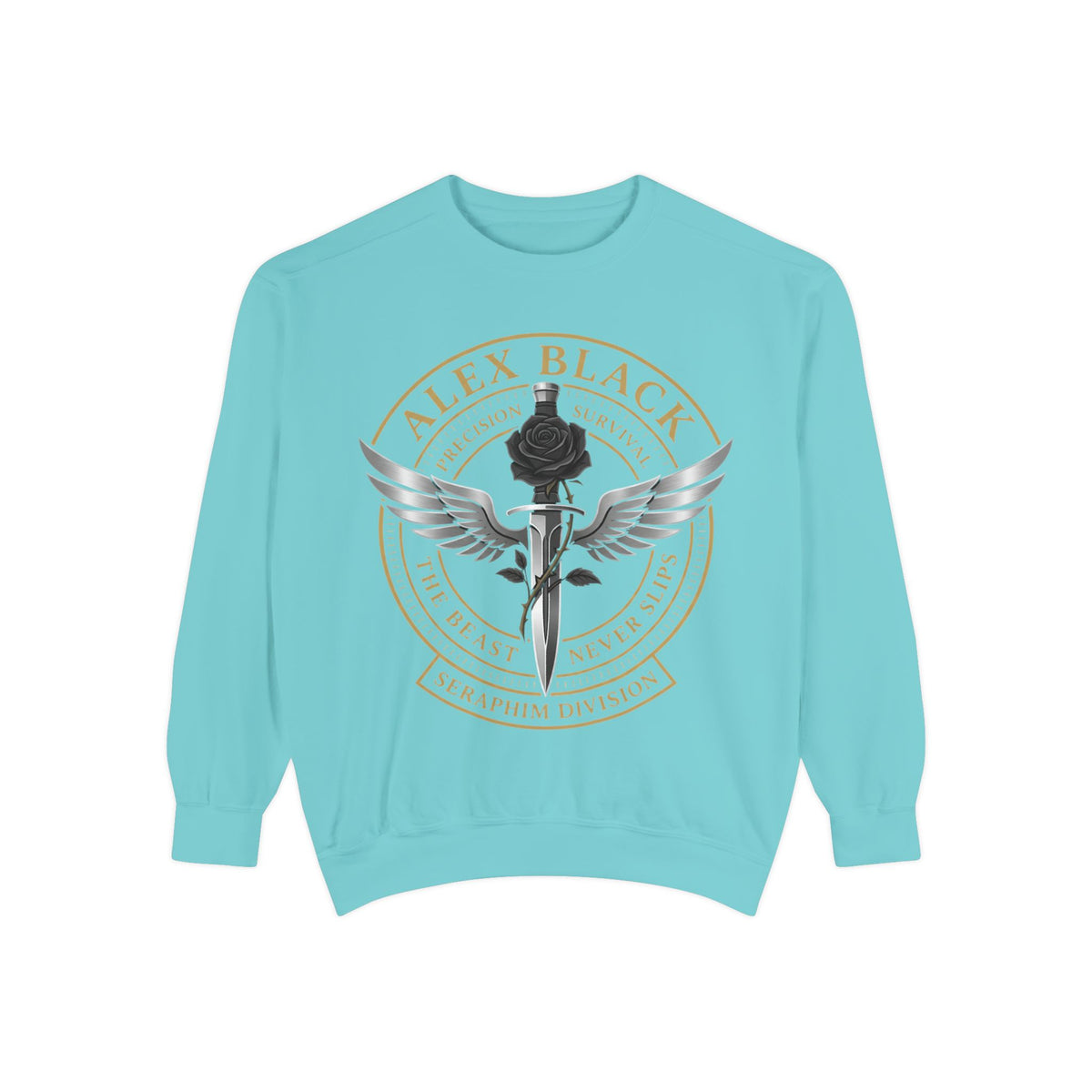 Alex Black Seraphim Division Sweatshirt — Winged Rose Emblem Crewneck