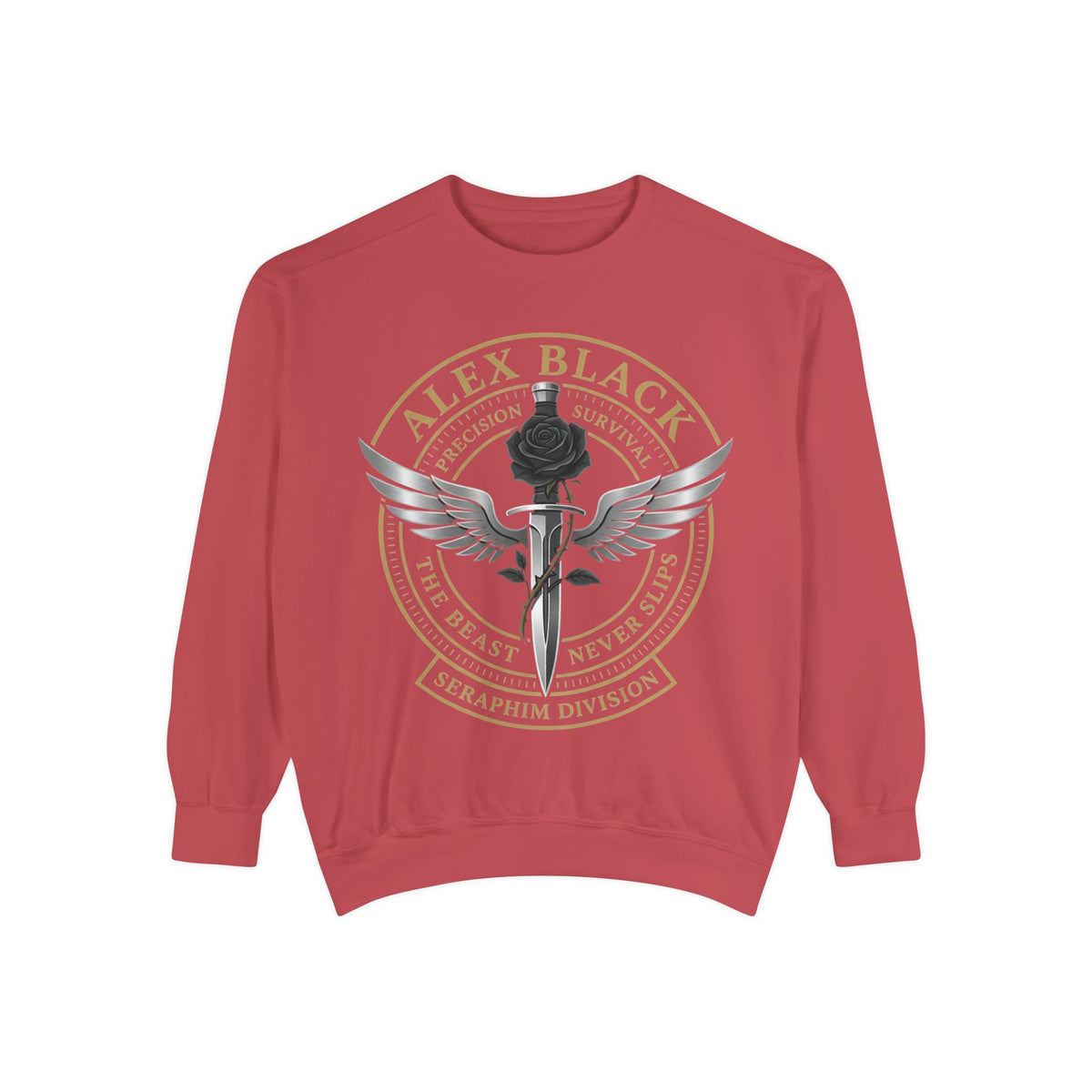 Alex Black Seraphim Division Sweatshirt — Winged Rose Emblem Crewneck