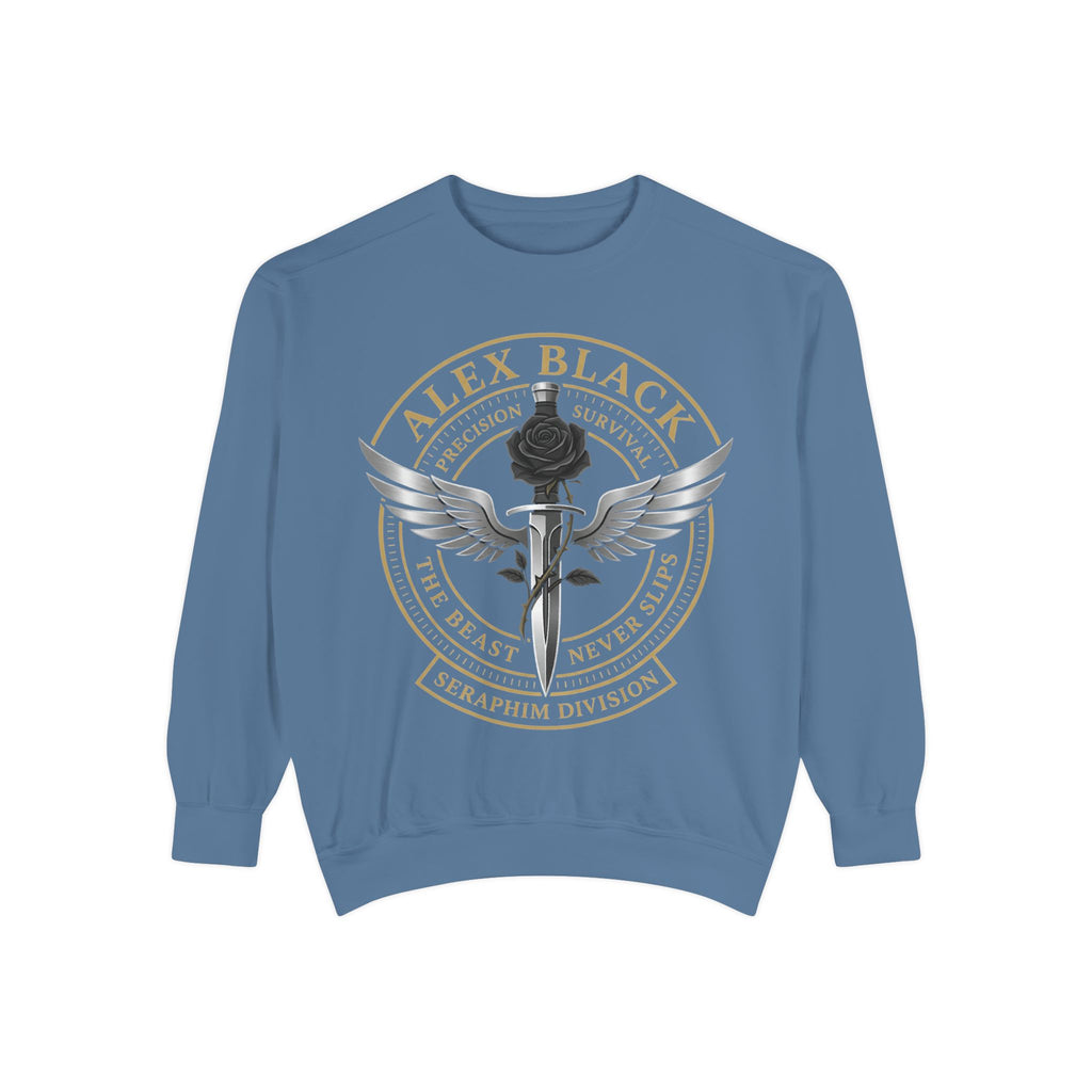 Alex Black Seraphim Division Sweatshirt — Winged Rose Emblem Crewneck