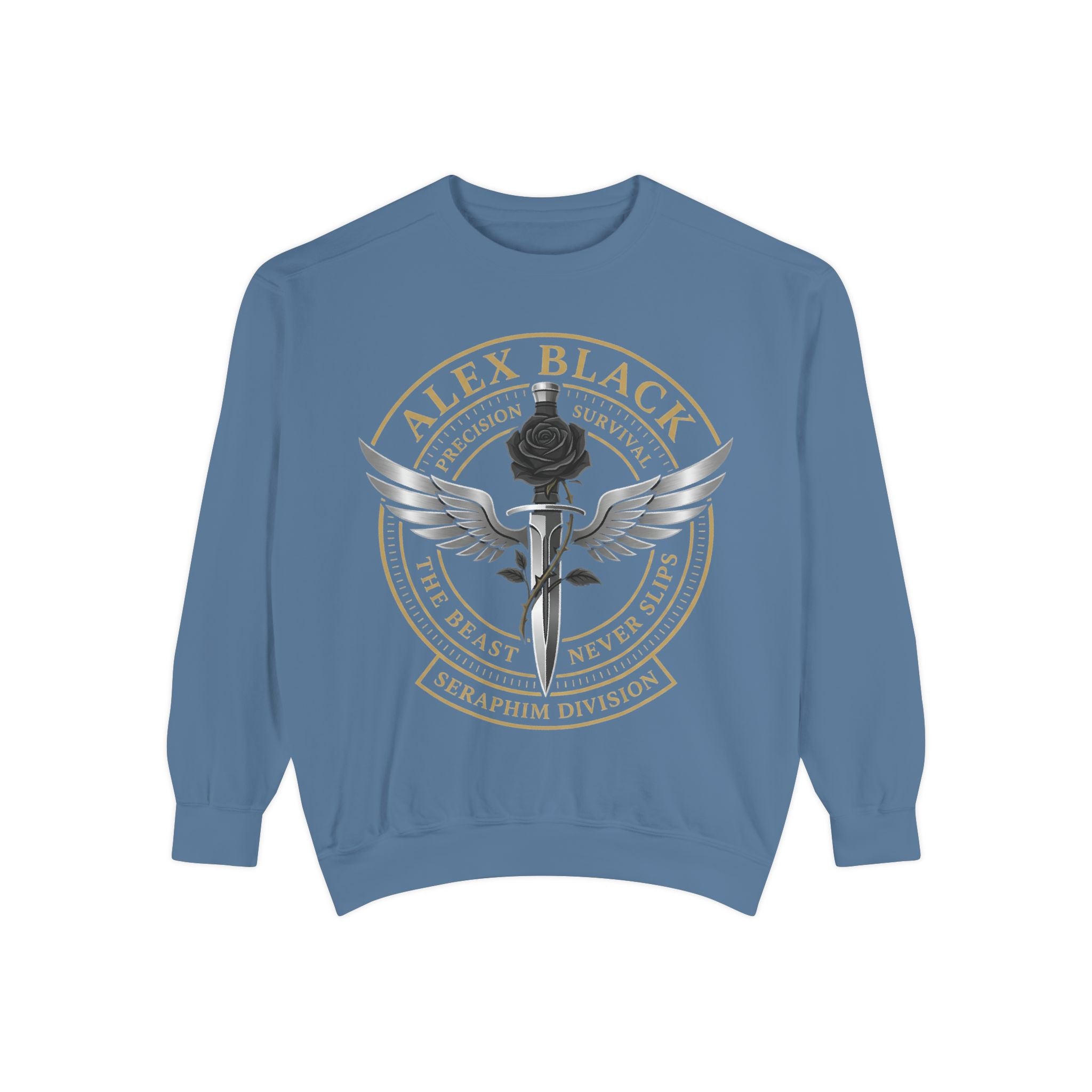 Alex Black Seraphim Division Sweatshirt — Winged Rose Emblem Crewneck