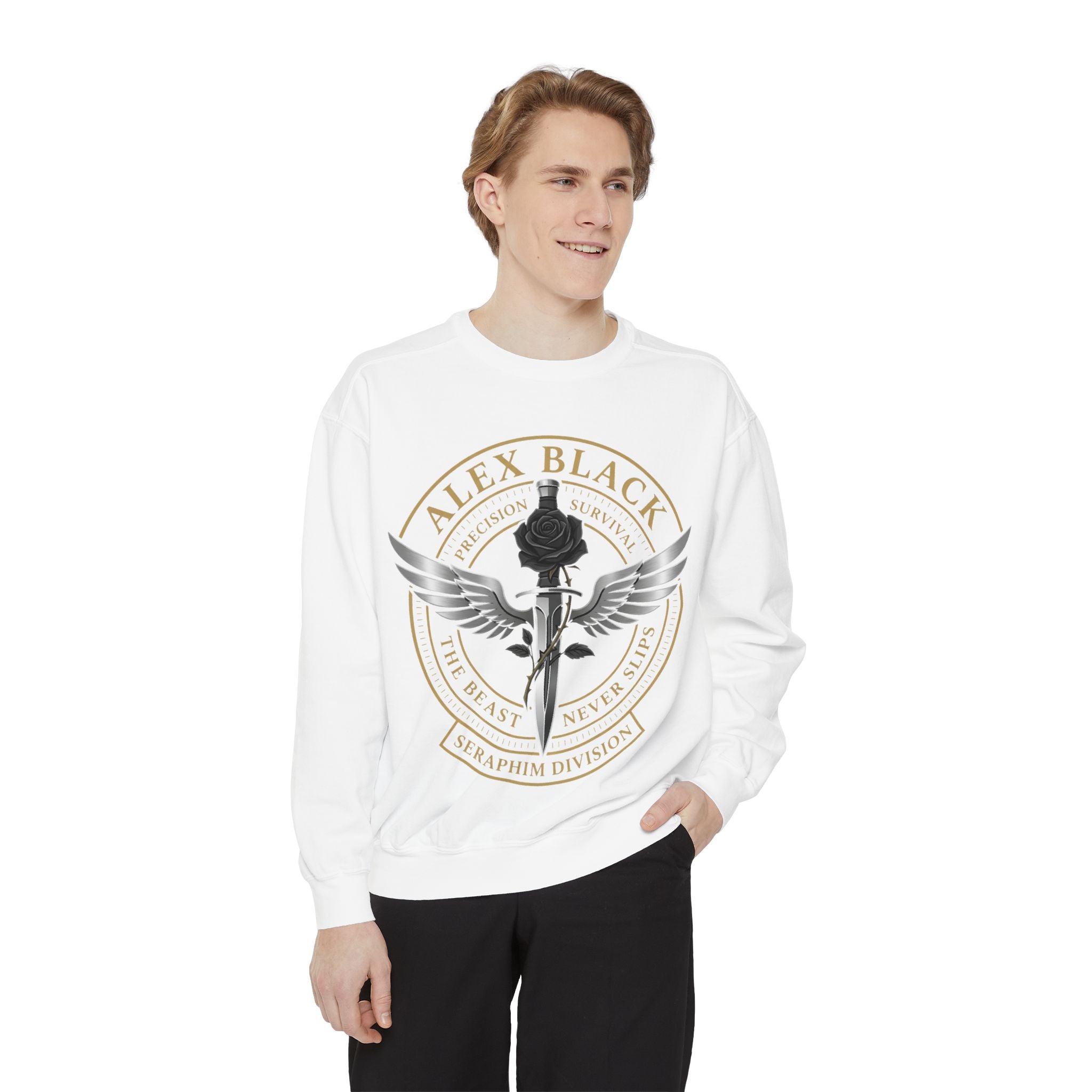 Alex Black Seraphim Division Sweatshirt — Winged Rose Emblem Crewneck