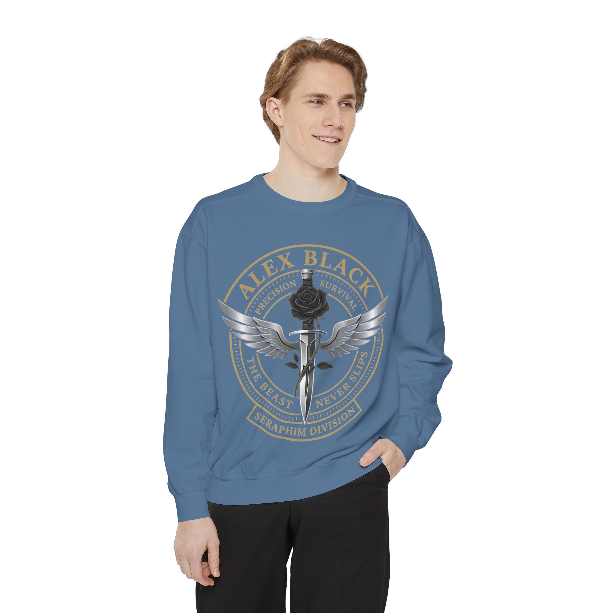 Alex Black Seraphim Division Sweatshirt — Winged Rose Emblem Crewneck