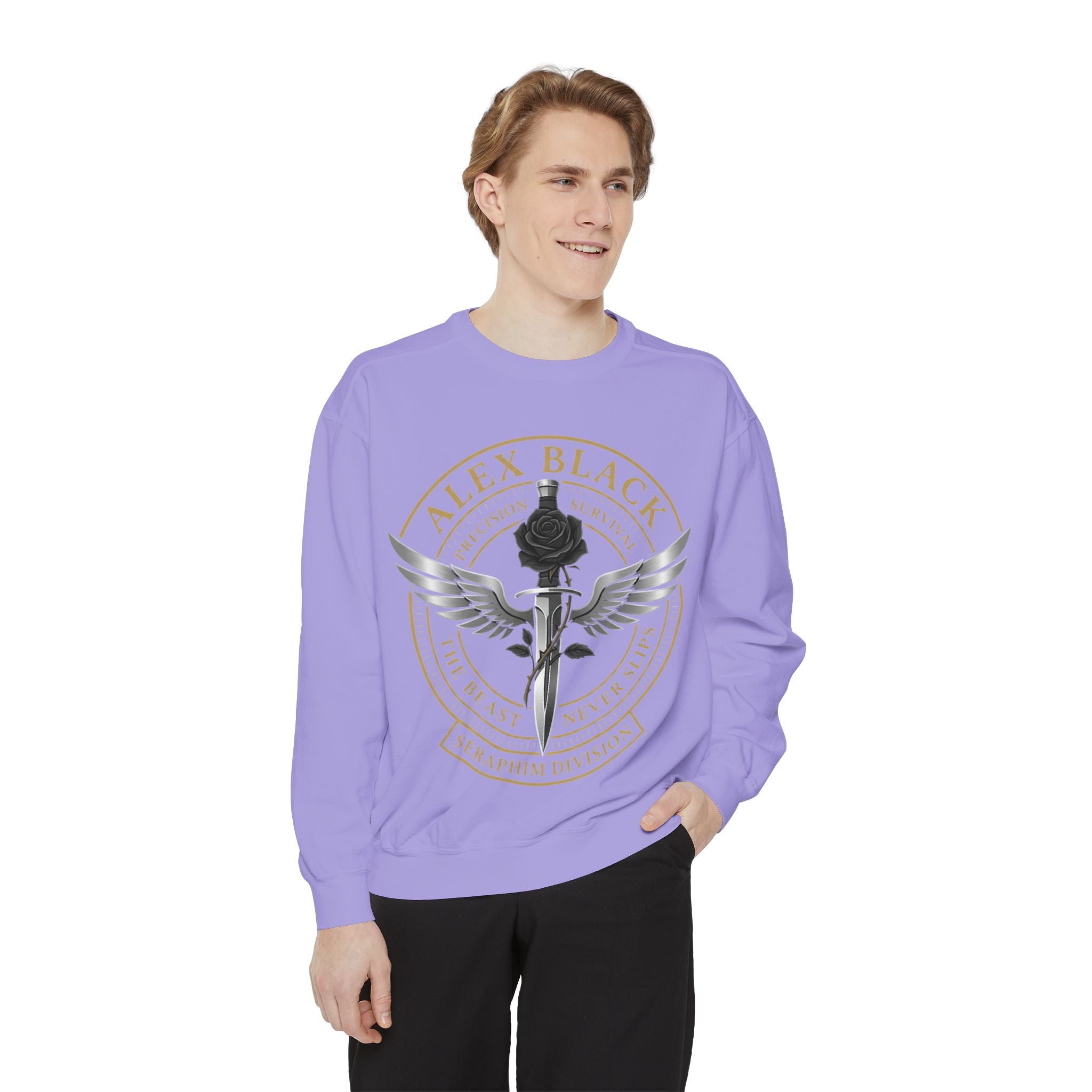 Alex Black Seraphim Division Sweatshirt — Winged Rose Emblem Crewneck
