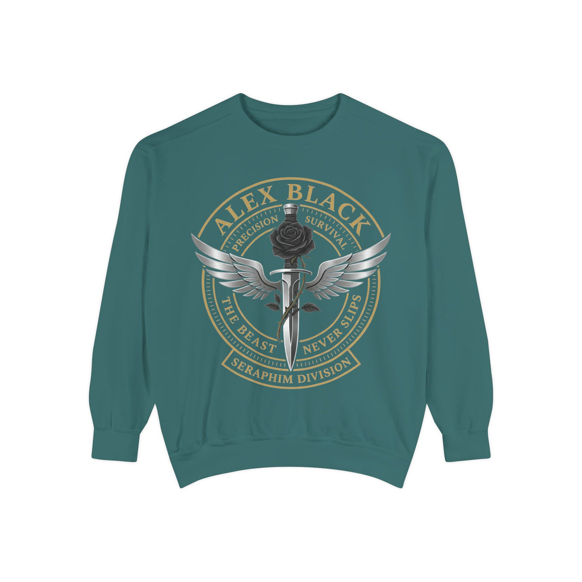 Alex Black Seraphim Division Sweatshirt — Winged Rose Emblem Crewneck