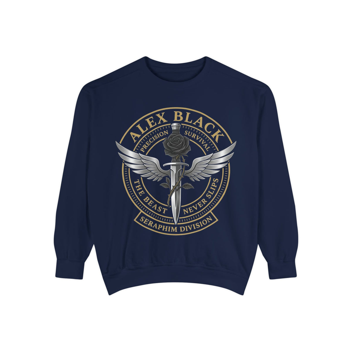 Alex Black Seraphim Division Sweatshirt — Winged Rose Emblem Crewneck
