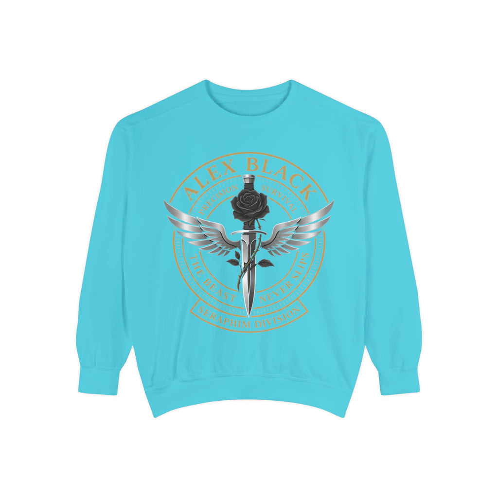 Alex Black Seraphim Division Sweatshirt — Winged Rose Emblem Crewneck
