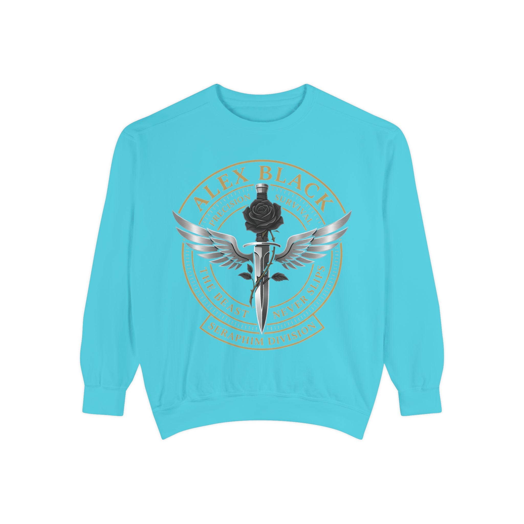 Alex Black Seraphim Division Sweatshirt — Winged Rose Emblem Crewneck