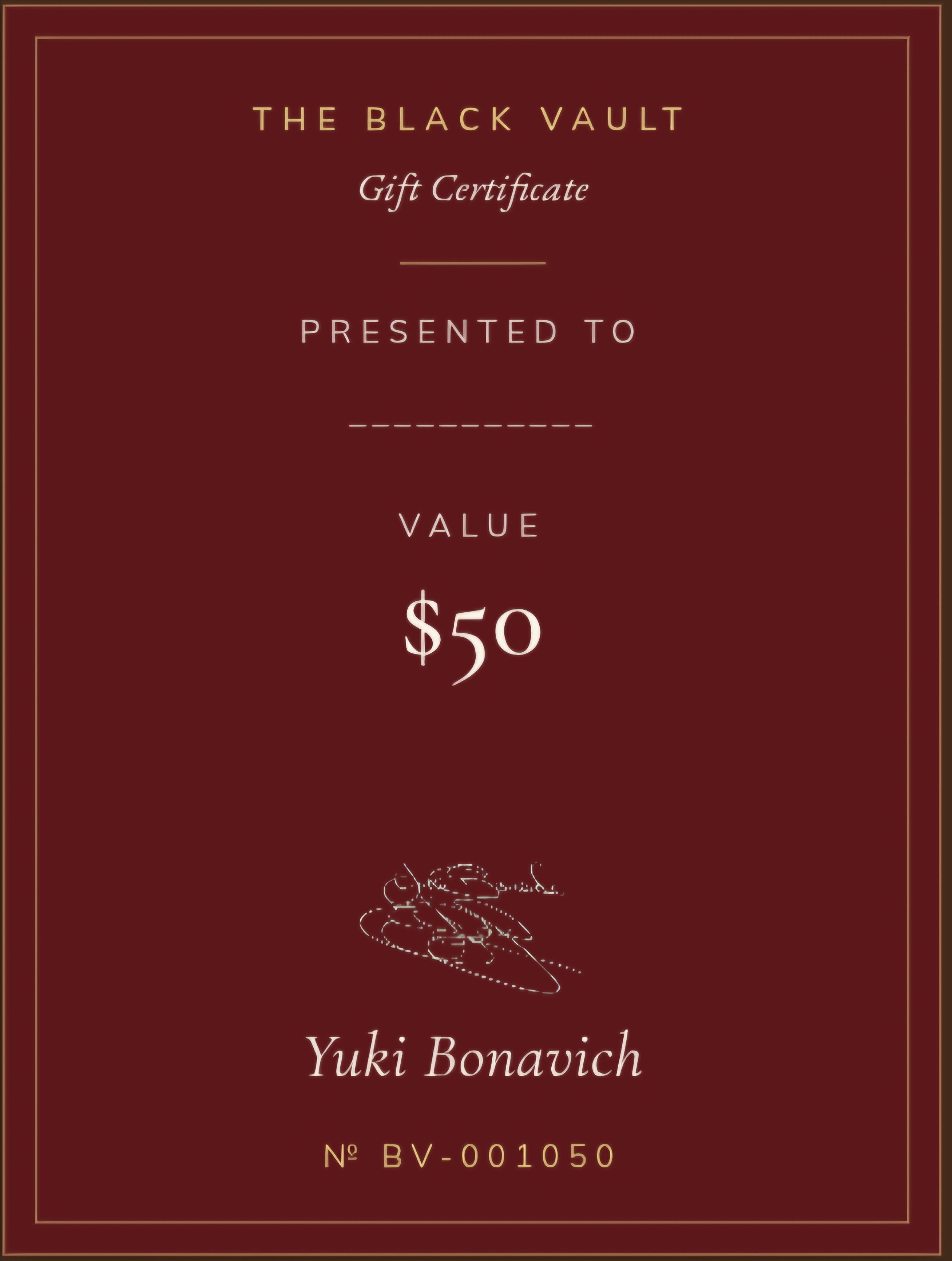 The Black Vault $50 gift certificate — signed by Yuki Bonavich
