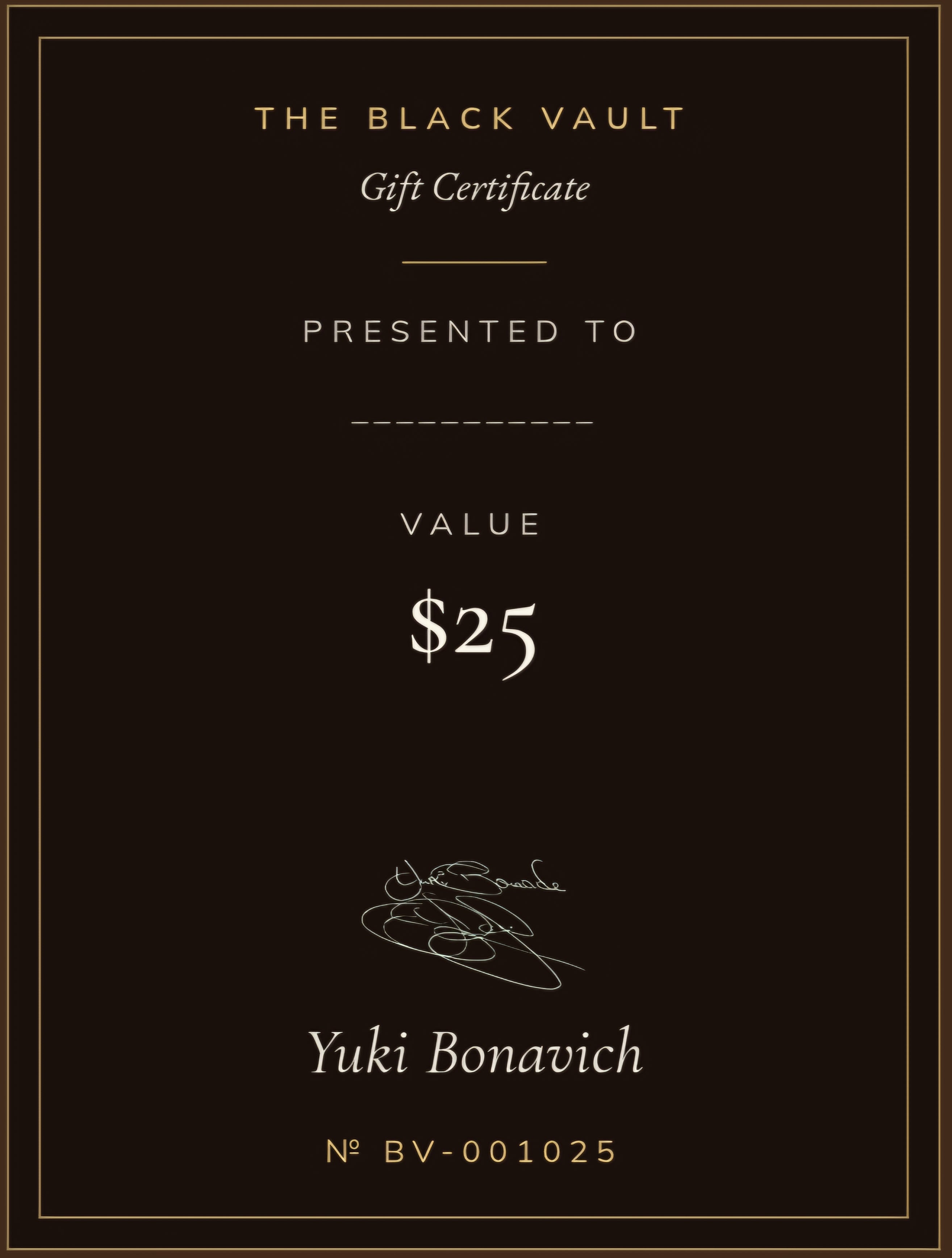 The Black Vault $25 gift certificate — signed by Yuki Bonavich
