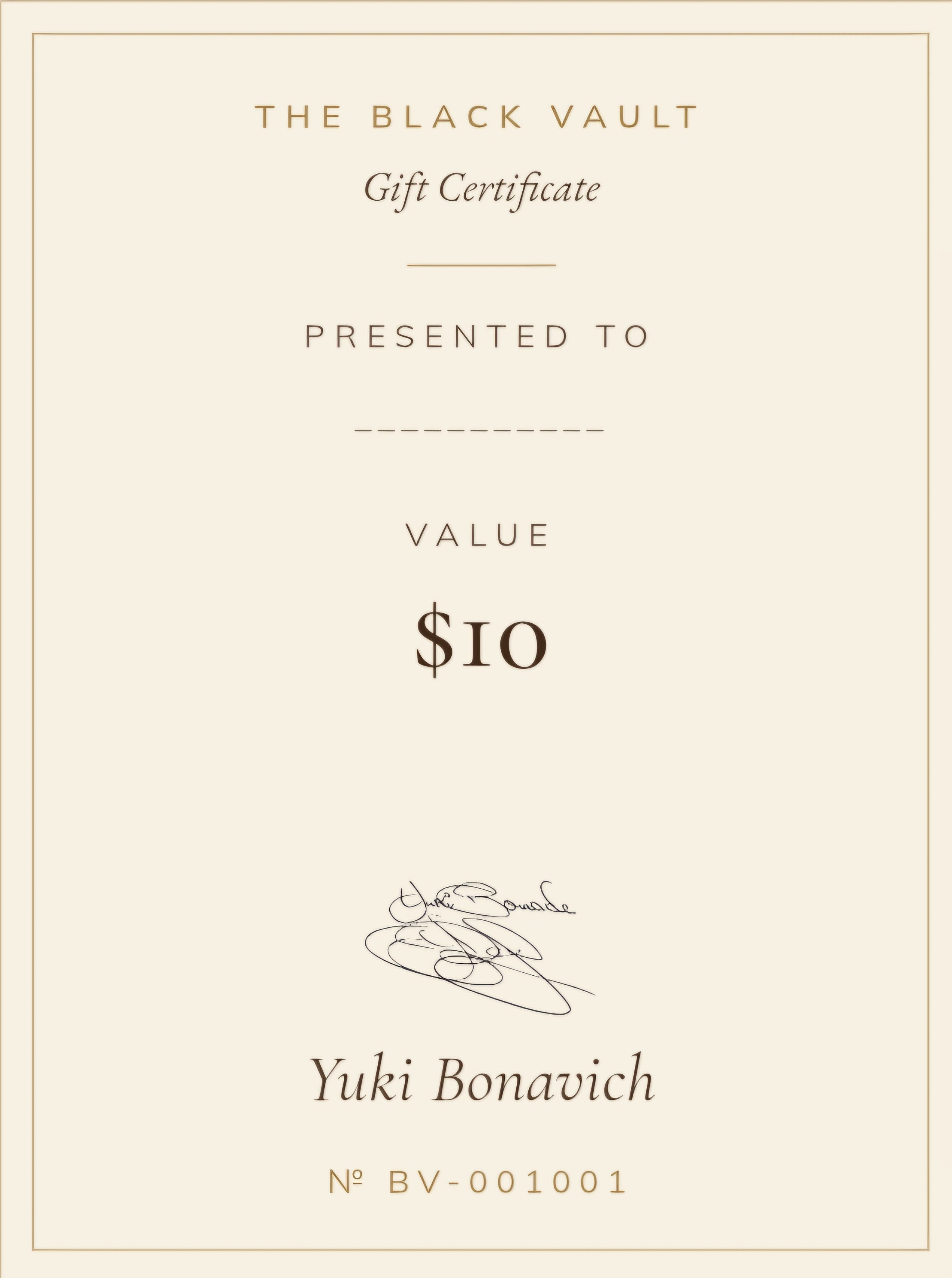 The Black Vault $10 gift certificate — signed by Yuki Bonavich