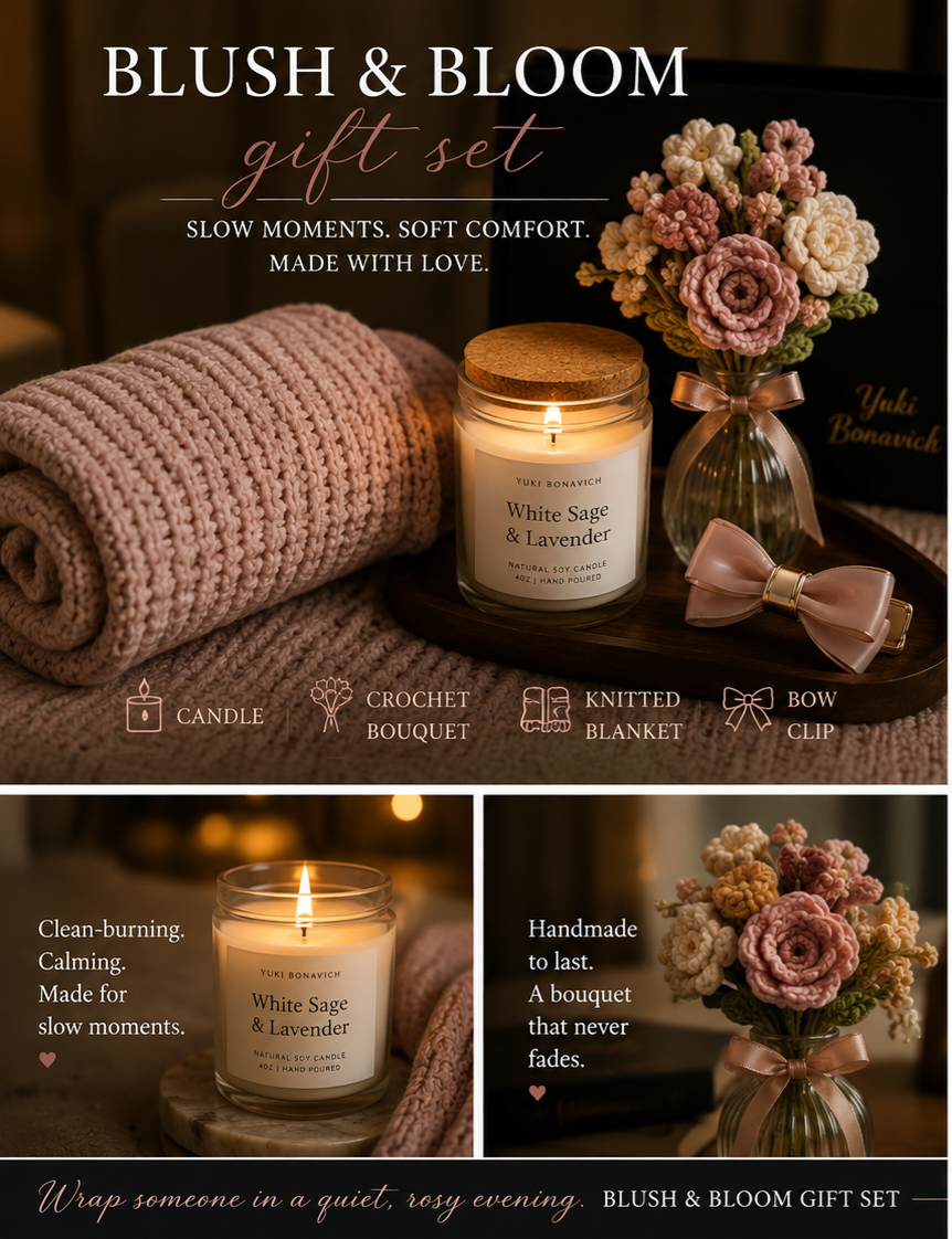 Blush & Bloom Gift Set — Candle, Crochet Bouquet, Cozy Blanket & Bow Clip
